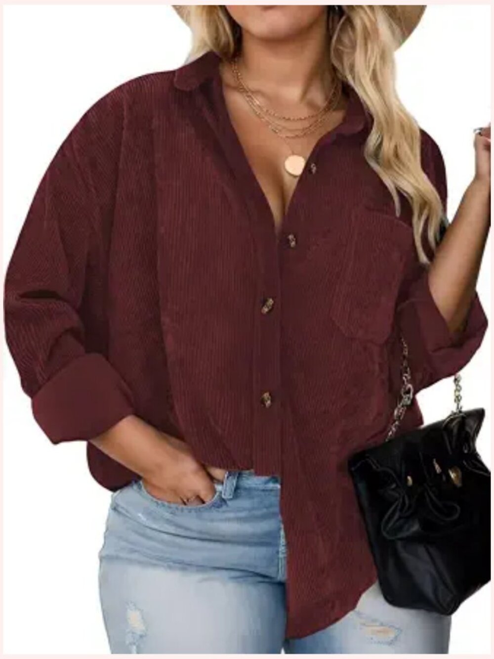 Plus Size Corduroy Button Down Shacket with Pockets Long Sleeve